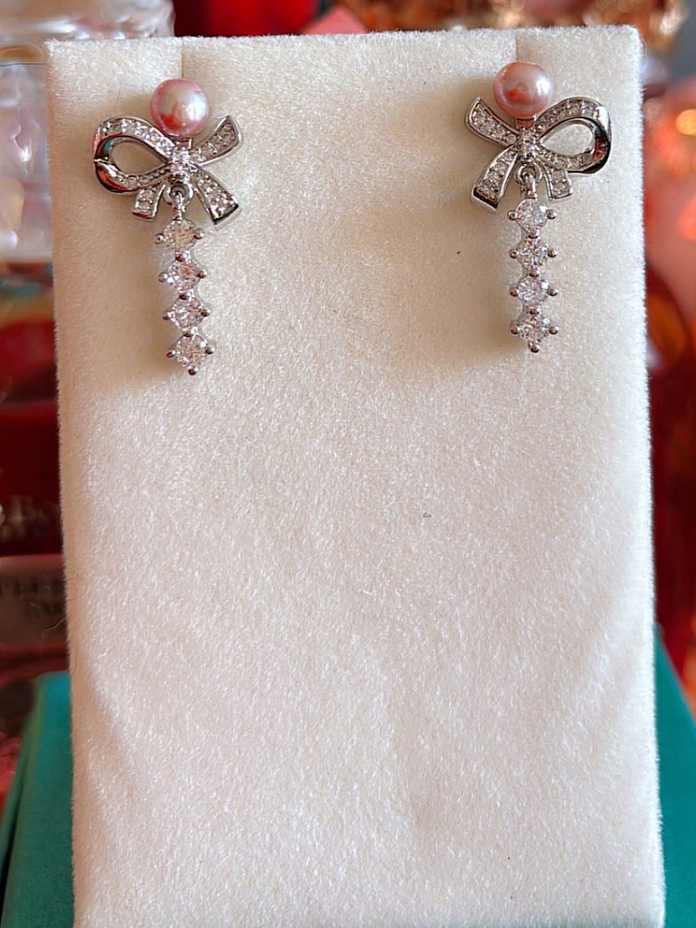Silver Bow Earrings with Pink Pearls | Brain Disorder & Brain Cancer Awareness